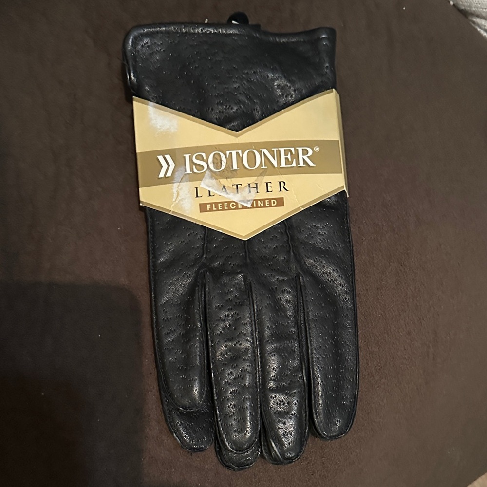 Isotoner Black Leather Fleece-Lined Gloves